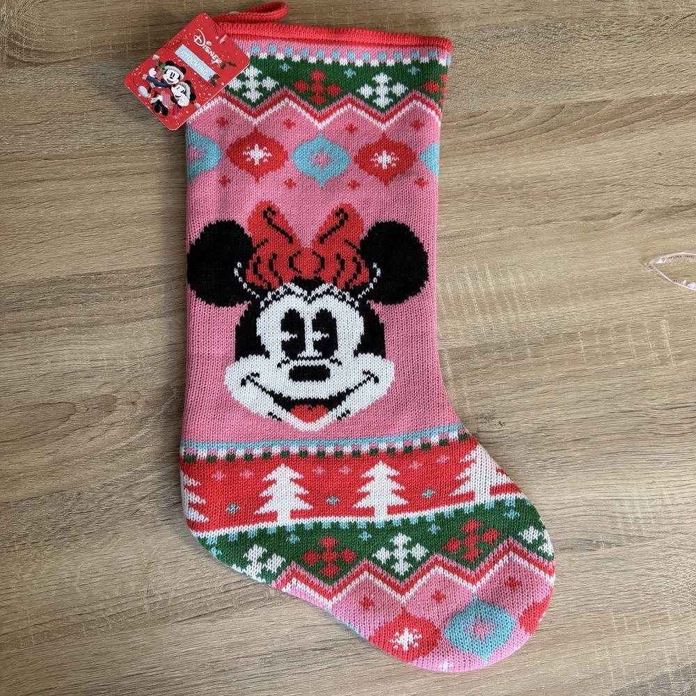 Disney Minnie Mouse Christmas‎ Stocking Pink Knit Holiday Stocking NWT